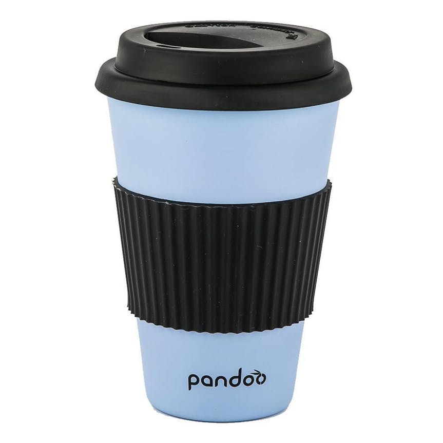 Mehrweg- Kaffebecher aus Bambus - mit Hitzeschutz aus Silikon und Deckel - Pastellblau