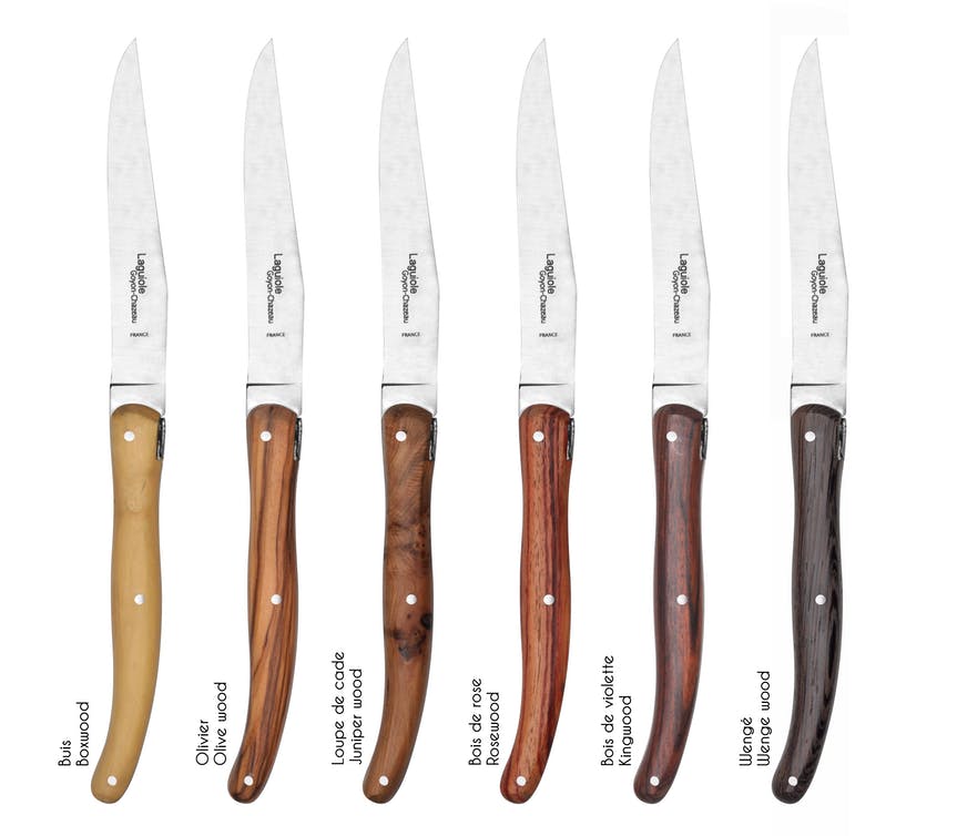 Set mit 6 Stück "Laguiole Brasserie" Steakmessern von Goyoun Chazeau - Griffe aus Edelhölzern