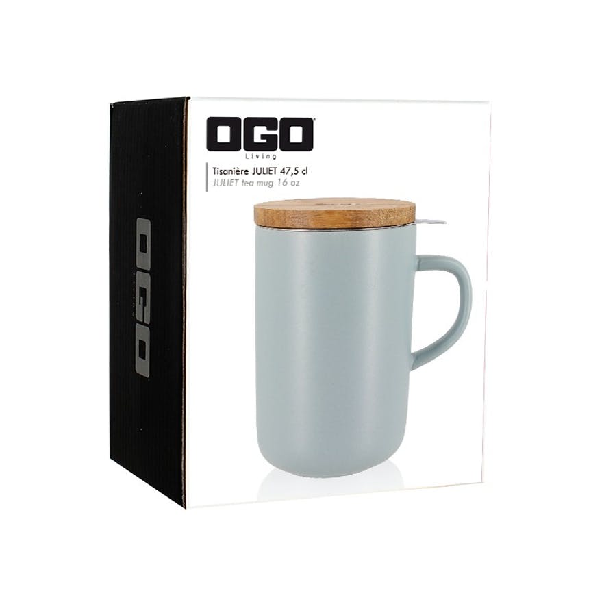 Kaffee-, Tee-, Schokoladentasse Juliet mit Teesieb aus Edelstahl - hellblau