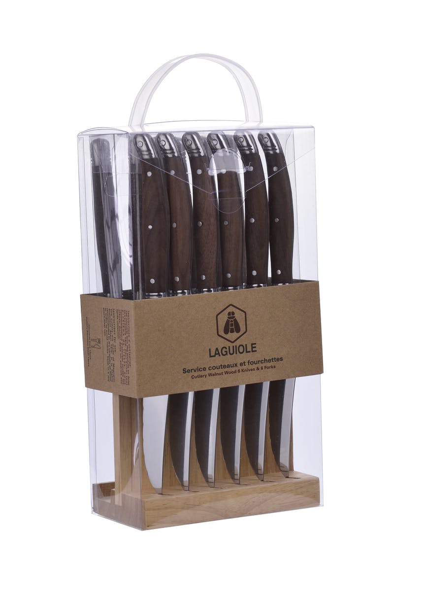 Set mit je 6 Stück Steakmesser, Gabeln und einem Holzständer von Laguiole