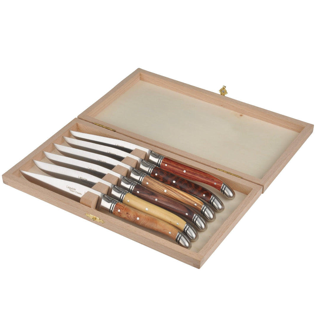Set mit 6 Stück "Le Thiers Avantage" Steakmessern von Goyoun Chazeau - Griffe aus Edelhölzern