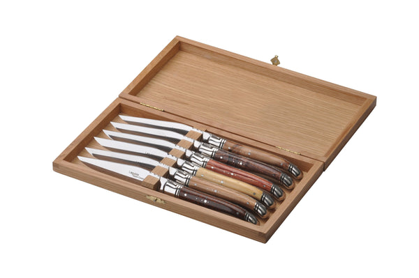 Set mit 6 Stück "Le Thiers Prestige" Steakmessern von Goyoun Chazeau  - Griffe aus Edelhölzern