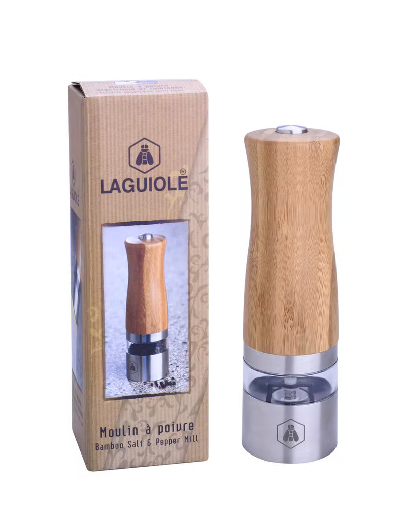LAGUIOLE - Elektrische Salz- und Pfeffermühle - Aus Edelstahl und Bambusholz - Mit Licht - Elegant und praktisch - Keramikmühle - 6 AAA Batterien Nicht enthalten - -